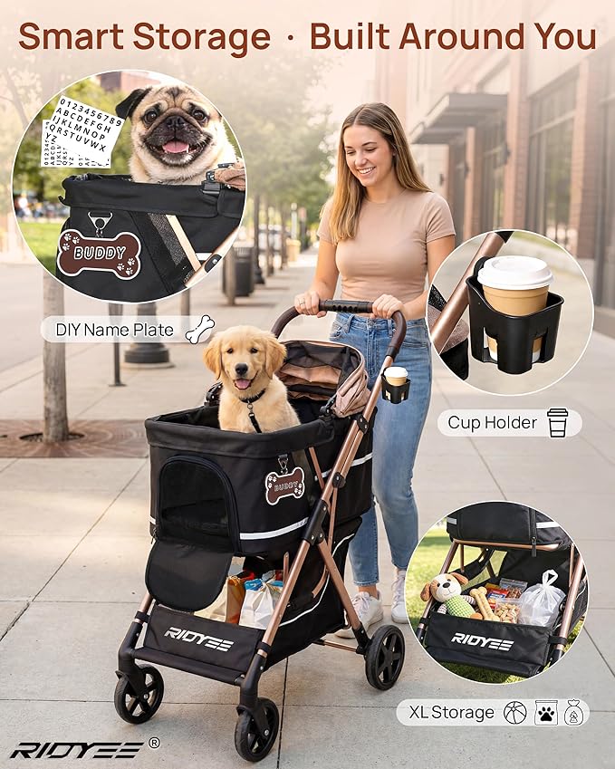 RIDYEE Dog Stroller, Foldable & Lightweight Pet Stroller for Small Medium Dogs & Cats up to 33 lbs, All-Terrain Shock Absorbing Wheels, Fully Ventilated, Storage Basket & Cup Holder