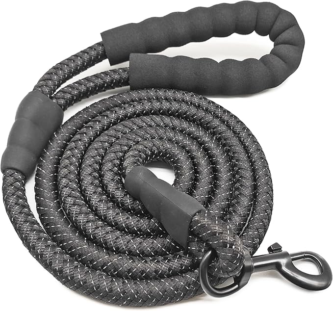 10FT Strong Dog Leash, Black Rope Leash Highly Reflective Threads with Soft Padded Handle for Small Medium Large Dogs (1/2")