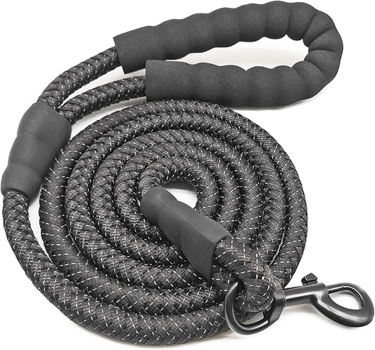 10FT Strong Dog Leash, Black Rope Leash Highly Reflective Threads with Soft Padded Handle for Small Medium Large Dogs (1/2")