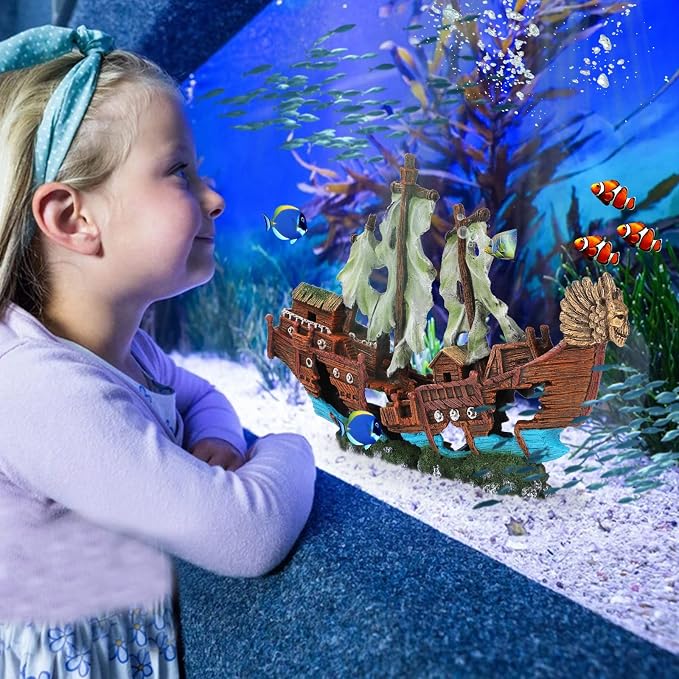 XXL Shipwreck Aquarium Large Decorations Ornament w/Sail (2 Pieces) 20 Gallons high and Larger Fish Tank, Sunken Ship Decoration Ornaments, Pirate Boat, Resin, Freshwater Saltwater Decor