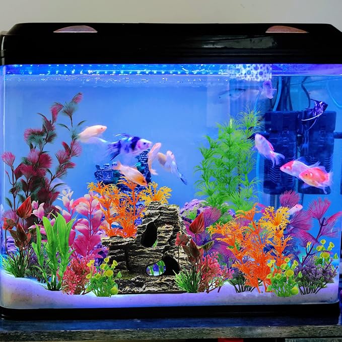 Aquarium Decorations Plants with Rockery View, 25pcs Aquarium Decor Plants and Rock Cave Hideout Ornaments, Fish Tank Accessories, Fish Tank Plants Plastic Decoration for Aquariums