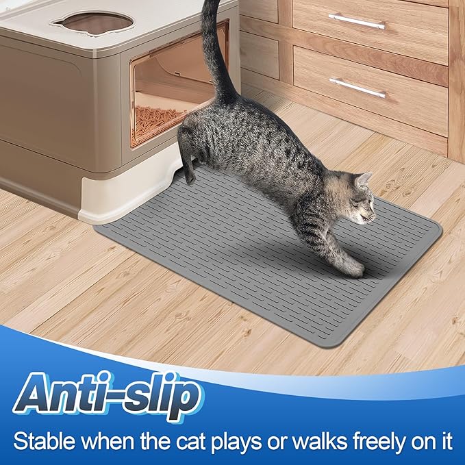 MEWTOGO Easy Clean Silicone Cat Mat for Litter Box - 23.4" x 15.6" Waterproof Non-Slip Kitty Litter Trapping Mat for Protecting Floor, Less-Mess Food Water Mat for Indoor, Gray