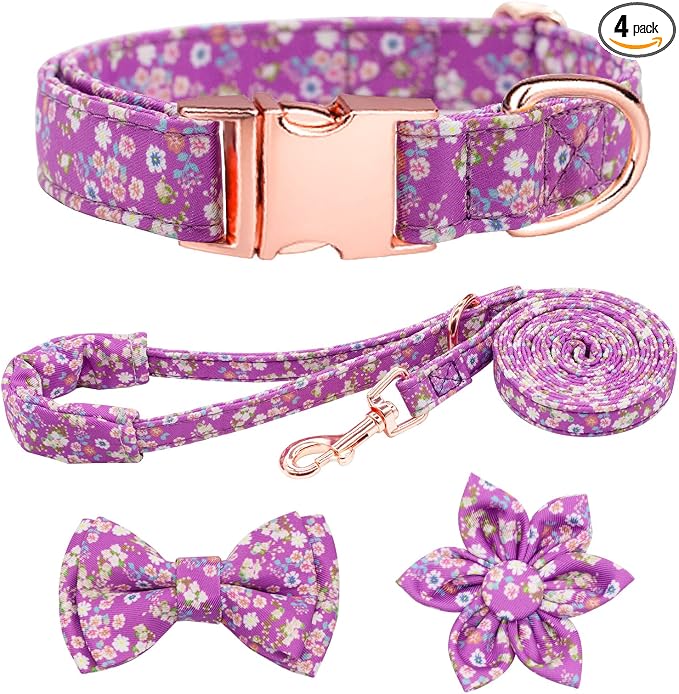 Dog Collar and Leash Set Girls Adjustable Puppy Collars with Floral Bow Tie for Small Medium Large Female Dogs, Purple, S