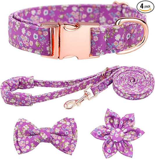 Dog Collar and Leash Set Girls Adjustable Puppy Collars with Floral Bow Tie for Small Medium Large Female Dogs, Purple, S