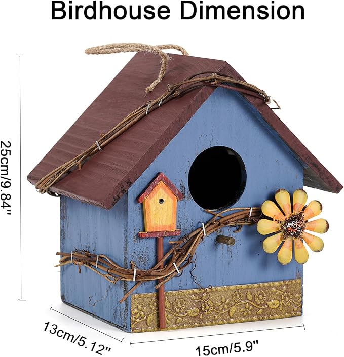 Hanging Bird Houses for Outside Decorative Birdhouse, Garden Bird Feeders for Outdoors, Blue Wooden Bird Nest Box for Wren Finchs Hummingbird Cardinal Bluebird Wild Birds, Gift for Bird Lovers