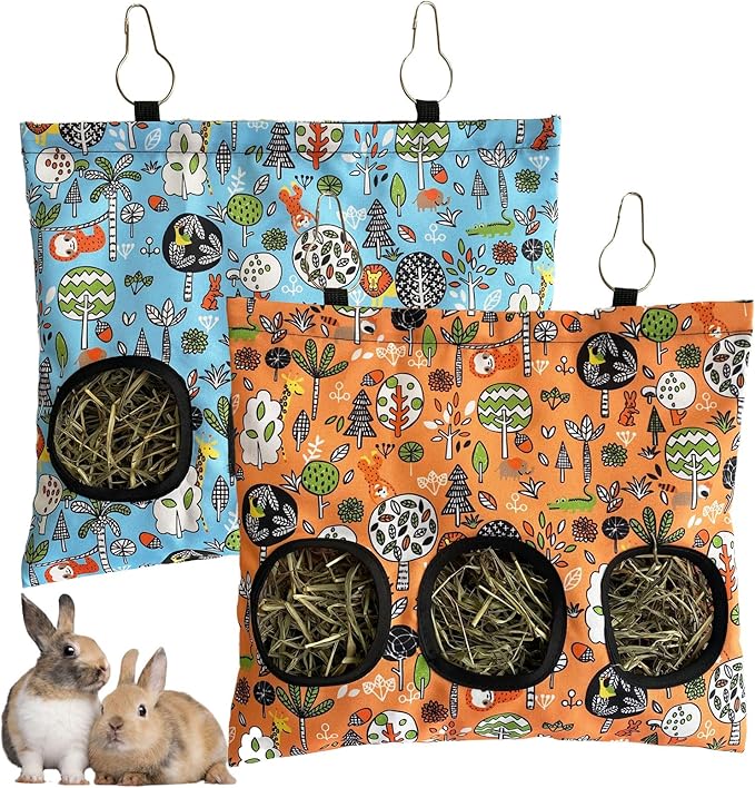 Rabbit Hay Feeder Bag, Guinea Pig Hay Feeder for Cage Small Animal Hanging Feeding Bags Rabbit Hay Dispenser Storage for Rabbits Guinea Pigs Bunnies Chinchillas (Orange,Light Blue, 3 Hole)