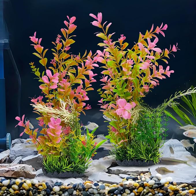 kathson 2Pcs Plastic Aquarium Plants 12.6 Inch Artificial Fish Tank Plants Large Aquarium Decorations Fake Seaweed Tall Fish Tank Decorations (Pink)