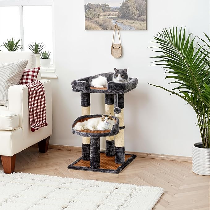 Multi-Level Cat Tree for Indoor Adult Cats, Modern Cat Tower with Double Beds & Scratching Posts, Cute Cat Tree Tower for Large Cats and Kitten, Small Cat Tree Tower with Hanging Toys, Grey