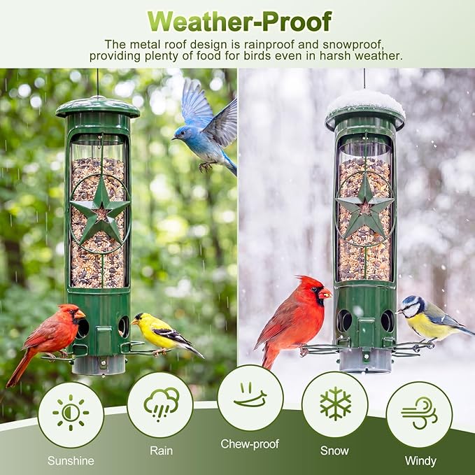 Squirrel Proof Bird Feeders for Outdoors Hanging, Metal Squirrel Proof Bird Feeder with Gravity Protection, 3LB Large Capacity Wild Bird Feeders for Outside Finch, Cardinal, Blue Jay (Green)