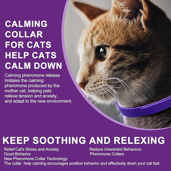 Cat Calming Collar with Pheromone & Lavender, Adjustable Waterproof Design, 30-Day Anxiety Relief, 4-Pack for Multi-Cat Stress & Travel