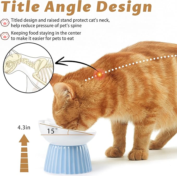Ceramic Raised Cat Bowl，Tilted Raised Cat Bowl Anti Vomit Cat Bowls for Indoor Cats Whisker Friendly Pet Feeder for Cats Puppies, Microwave and Dishwasher Safe, Blue