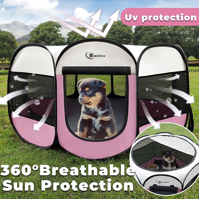 Siedihit Pink Dog Cat Playpen, Puppy Pet Playpen Indoor for Small Dog Crate Tent Cage Outdoor, Portable Pop Up Dogs Enclosure Kennel with Carrying Case for Dogs/Cats/Rabbits