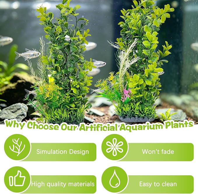 kathson 2Pcs Plastic Aquarium Plants 12.6 Inch Artificial Fish Tank Plants Large Aquarium Decorations Fake Seaweed Tall Fish Tank Decorations (Green)