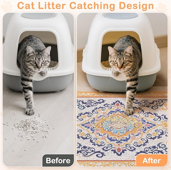 Unicorn Catcher Cat Litter Mat 33" x 22" Non-Slip Litter Box Mat Washable Litter Catcher Mat for Litter Box Indoor Food Mat Supplies Essentials, Orange