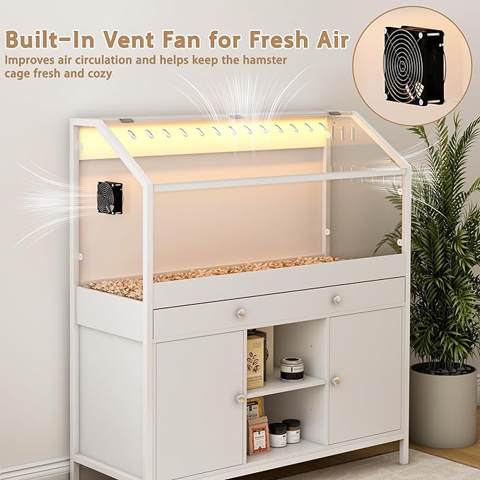 Pipleo Hamster Cage with Storage Cabinet,43.3" Small Animal Cage with LED Lights and Fan, Easy View Acrylic Panel, Large Habitat for Guinea Pig, Hedgehog,Rat 43.3"x 15.7"x 43.3"