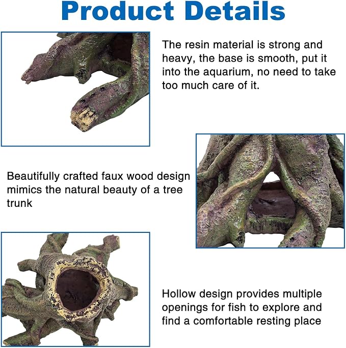 PINVNBY Resin Aquarium Tree Hollow Stump Decor - Fish Tank Ornament, Pleco Cave Hideout for Small Betta, Cichlid, Shrimp, Guppy & GloFish