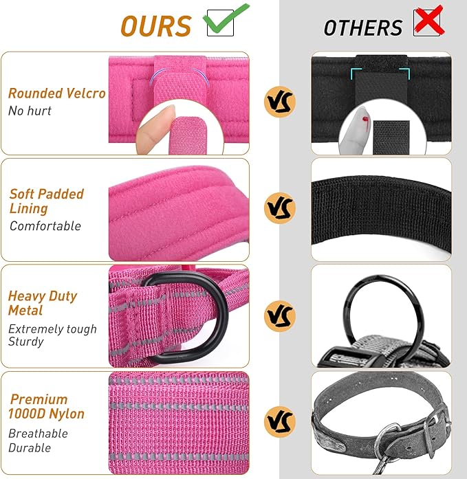 AUBELL Reflective Tactical Dog Collar,Adjustable Military Heavy Duty K9 Collars with Handle and Quick Release Metal Buckle Great for Large Dogs, with Airtag Case and 2 Patches (Pink,L)