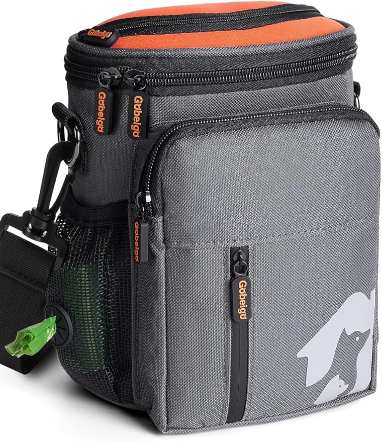 Gobeigo【8 Cup Dog Treat Pouch【3 Ways to Wear 】 Treat Bag for Training & Walking, Built-in Poop Bag Dispenser, Large Phone Friendly (Gray & Orange)