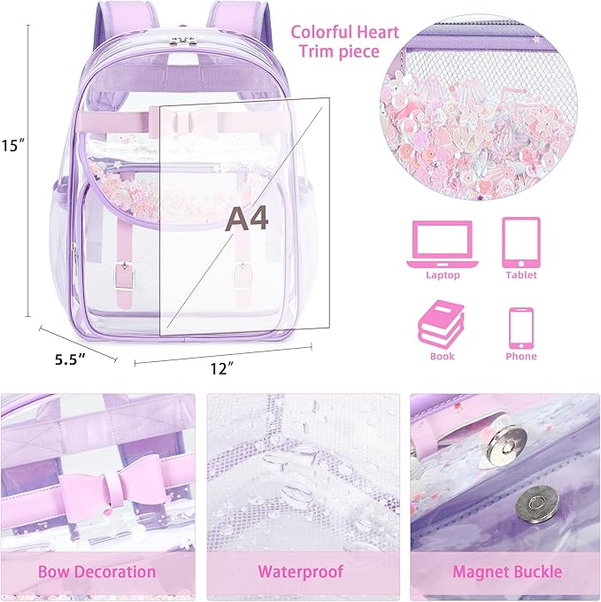 Clear Backpack for School,Heavy Duty PVC Transparent Bookbag for Girls Women Stadium Approved See Through Backpacks Kids Elementary Laptop Bags for Teens,Sports,Students,Work,Travel Purple