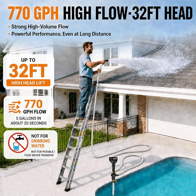 Cordless Stick Water Transfer Pump 770 GPH with 2x4.0Ah Batteries | 32FT Lift, 11.5FT Hose, 8-Mode Nozzle, Portable Submersible Utility Pump for Pool Hot Tub Basement Rain Barrel