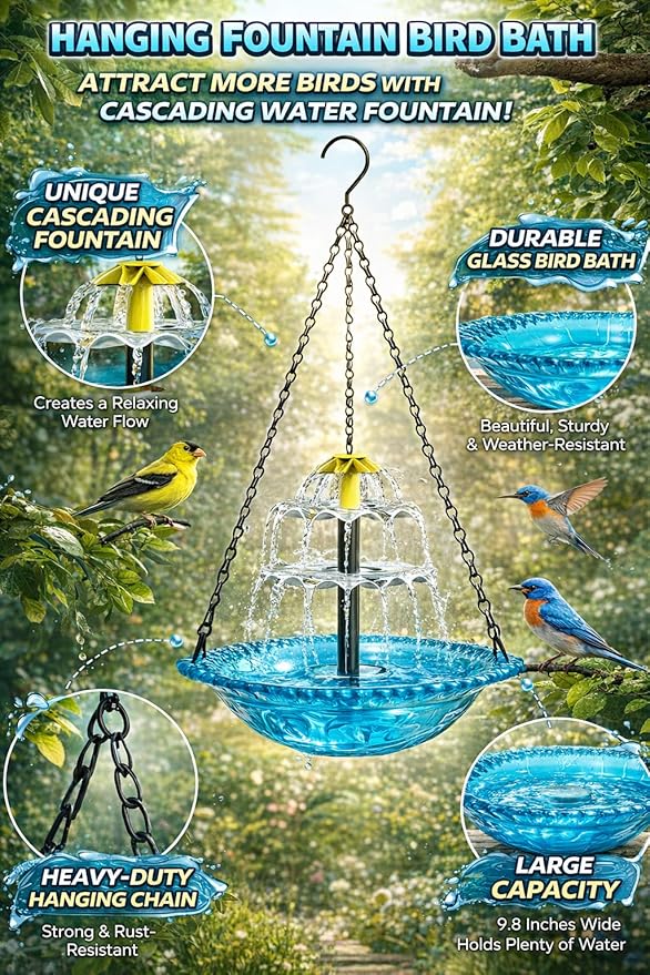 Solar Cascade Hanging Bird Bath Fountain, 2026 New Outdoor Hanging Bird Bath with Solar Fountain, Large Humming Birds Baths Fountains, with Solars Pump & Glass Bowl, for Outdoor, Gardens (#7)