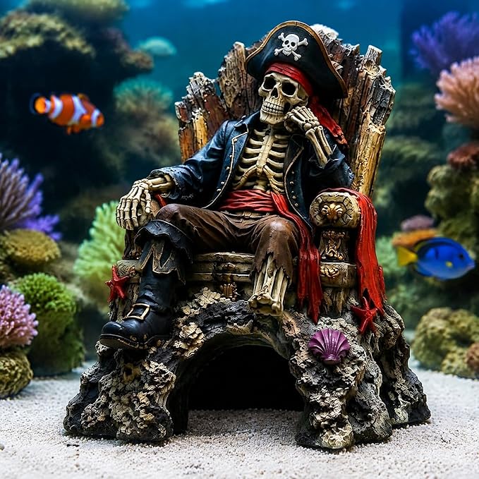 Pirate Skeleton Throne Aquarium Ornament Resin Fish Tank Hideout Cave for Small Fish Realistic Skull King Castle Decor 15cm Gothic Gothic Statues Freshwater Saltwater B
