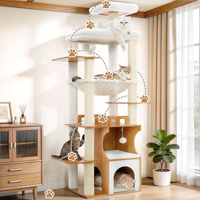 Gitelsnour Cat Tree, 70.9 Inch Wood Cat Tower for Large Cats Adult, Modern Cat Furniture with Double-Layer Wooden Cat Condo, 2 Platforms, Large Hammock and Scratching Posts, Walnut GCT102WB