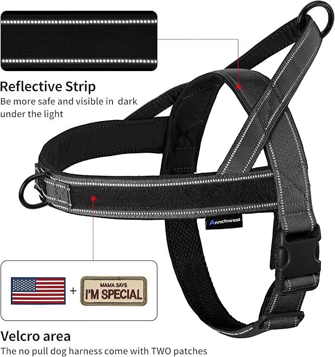 Annchwool No Pull Dog Harness with Padded Handle+5 Ft Leash,Reflective Strip Escape Proof and Quick Fit to Adjust Dog Harness,Easy for Training Walking for Small & Medium and Large Dogs(Black-Set,L)