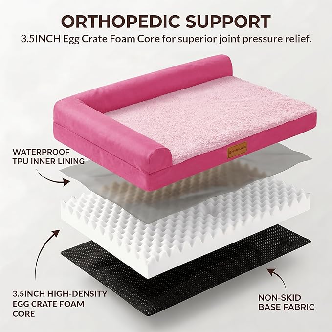 Patas Lague Orthopedic Jumbo Dog Bed for Extra Large Dogs 56''X40'', Waterproof L Bolster Pet Sofa Beds with Removable Washable Cover, Soft Comfortable Pet Couch Crate Mat with Nonskid Bottom, Pink