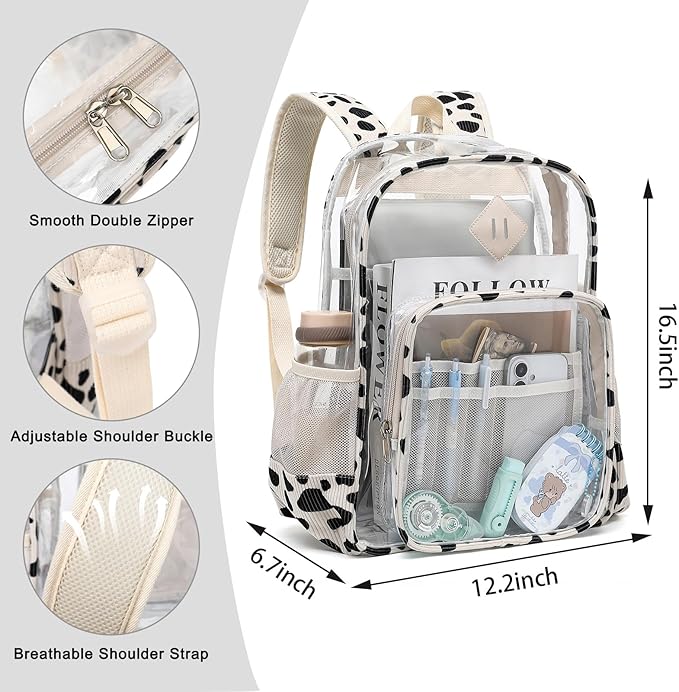 Clear Backpack for Girls Women School Bookbag Heavy Duty Transparent Backpacks (Corduroy Cow Print Black)
