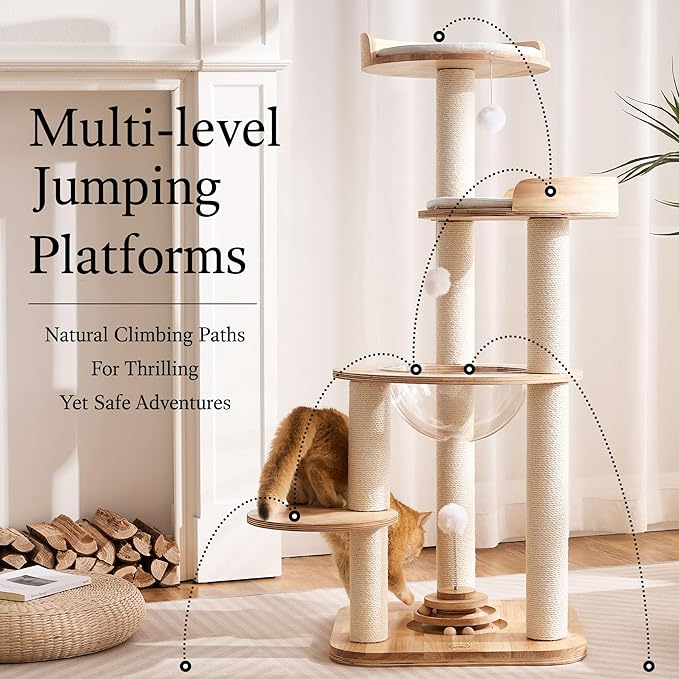 797Audio Modern Solid Wood Cat Tree Tower, 49" Tall Cat Tree with Sisal Scratching Posts and Capsule for Adult Cats, Natural Oak Wooden Cat Tower,Aesthetic Multi-Level Cat Climbing Tree for Indoor Cat