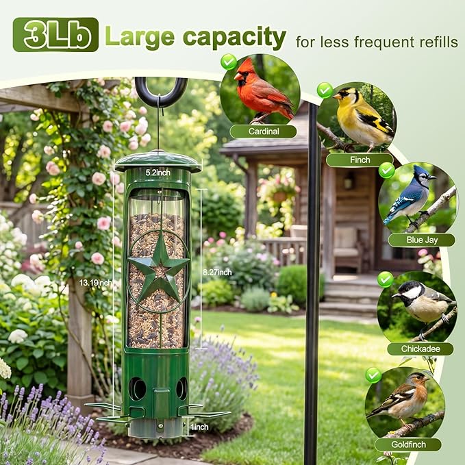 Squirrel Proof Bird Feeders for Outdoors Hanging, Metal Squirrel Proof Bird Feeder with Gravity Protection, 3LB Large Capacity Wild Bird Feeders for Outside Finch, Cardinal, Blue Jay (Green)