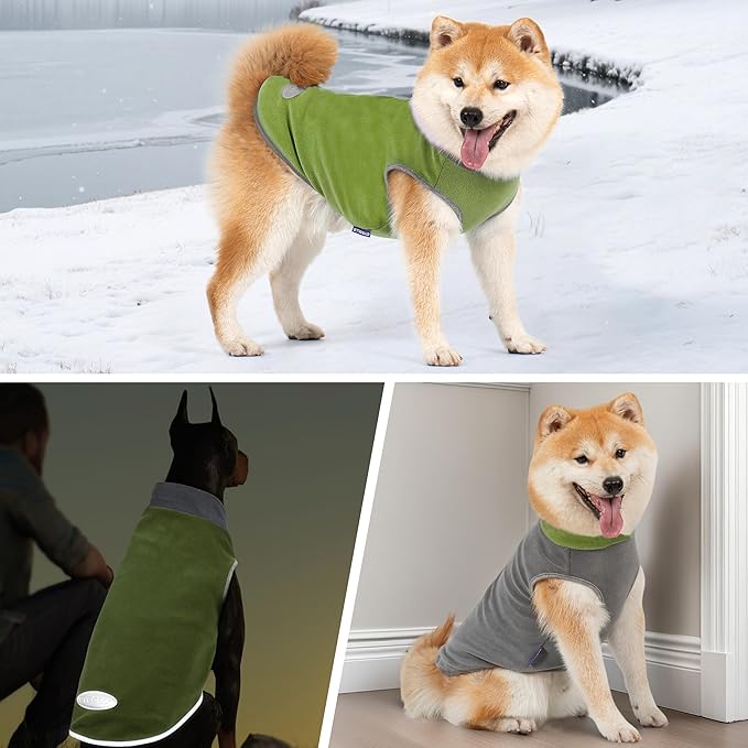 cyeollo 2 Pack Dog Sweater Fleece Vest Dog Sweatshirt Reflective Lightweight Pet Clothes for Small Dogs Boy Girl Pet Apparel, Grass Green & Grey L