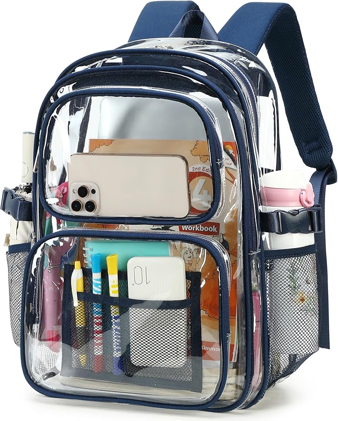 abshoo Large Heavy Duty Boys Clear Backpack for School Bookbag Transparent Multi Pocket Backpacks for Men (Navy)