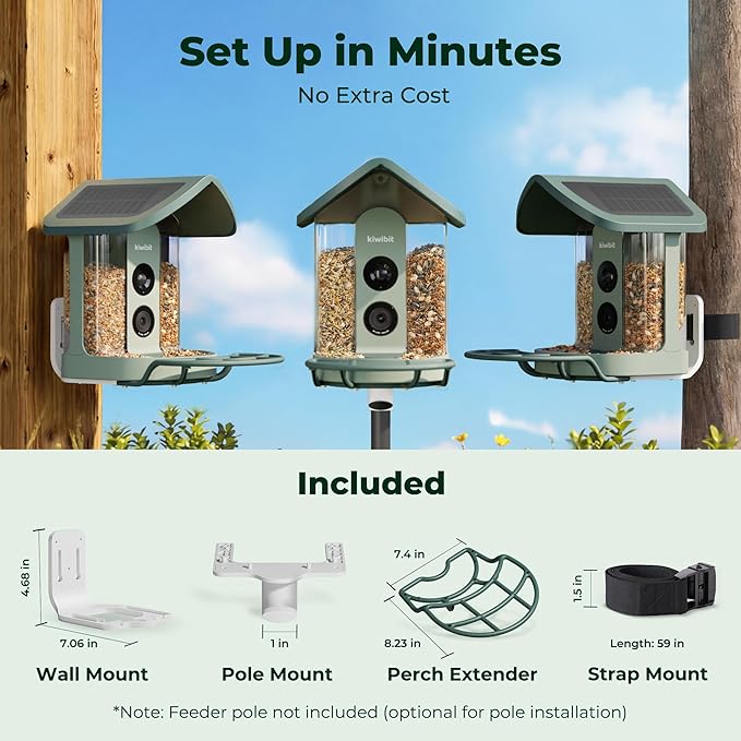 Kiwibit Solar Smart Bird Feeder with Camera, AI Bird Species Identification, 8MP Photos, 4K UHD Video Live Stream Wild Bird House Feeders for Outdoors, Bird Watching Gifts for Bird Lovers, Green