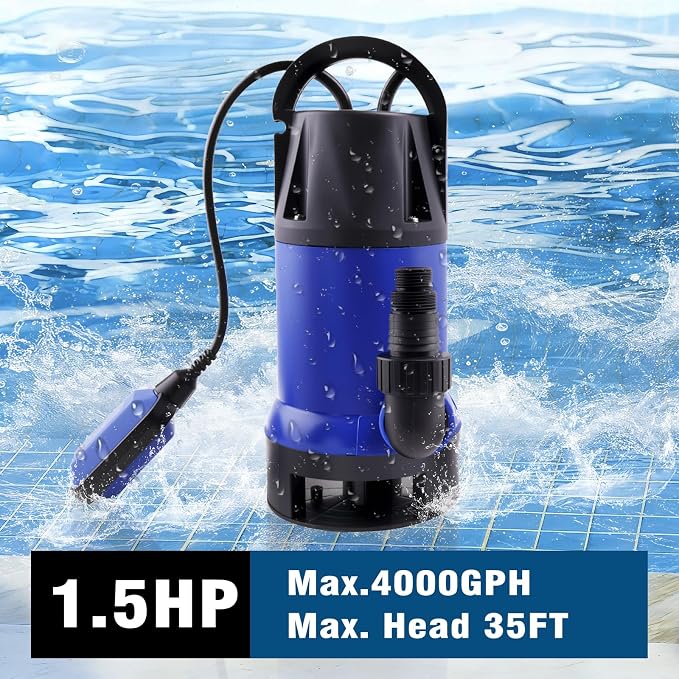 1.5HP Sump Pump, 4000GPH High Flow Clean&Dirty Water Pump