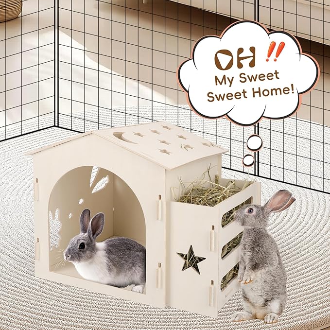 Medium Rabbit Castle, Wooden Bunny House & Hay Feeder, Detachable Rabbit Hideaway, Indoor Hamster Castle, Small Animal Houses & Habitats for Guinea Pig Chinchilla Ferret(1 House with Feeder)
