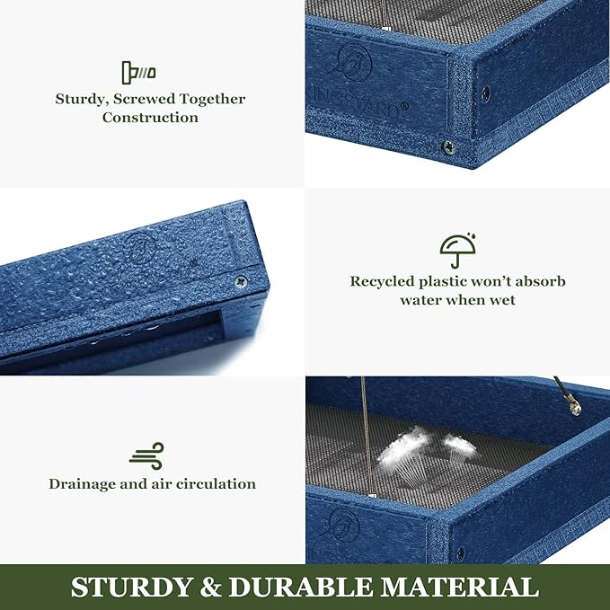 Kingsyard WPC Composite Platform Bird Feeder for Outside, Heavy Duty Hanging Tray for Mealworms & Seeds, 3.5 lbs Large Capacity, Weatherproof Recycled Plastic Material, Easy to Clean, Blue