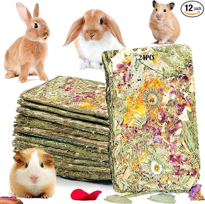 Rabbit Toys 24pcs Bunny Toy Guinea Pig Treats Timothy Hay Chew Toys Chips with Herbal Flowers Hamster Snacks Chinchillas Gerbils for Teeth Apple Sticks Sweet Bamboo
