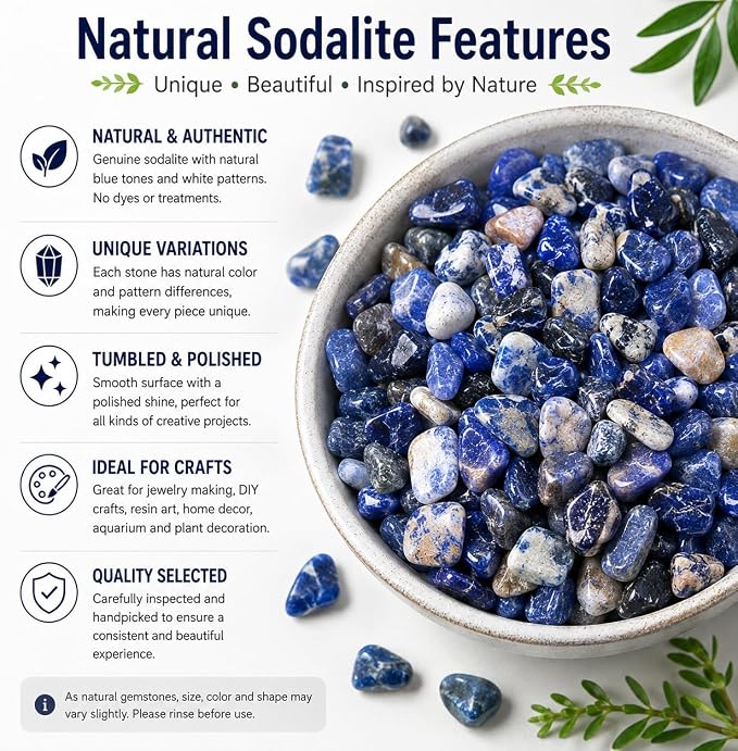 Natural Sodalite Crystal Chips Bulk 2lbs (1200+ Pieces), 8-15mm Blue Polished Gemstone Chips for Jewelry Making, Aquarium Gravel, Succulent Plant Decor & DIY Crafts