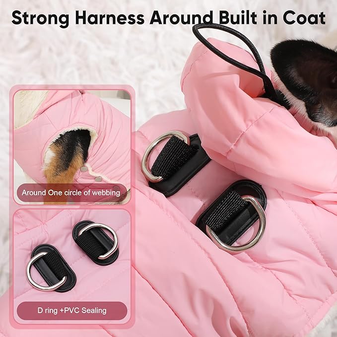 Vecomfy Fleece Lining Dog Hoodie with Harness Built in,Extra Warm Large Dog Jacket in Winter Doggie Coats with Drawstring Hooded,Light Pink XXL