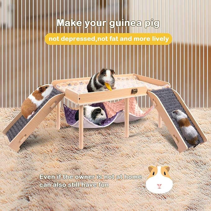 BESNEW Enlarged Guinea Pig Hammock with Platform and Stairs,Wooden Foldable Piggies Hideout for Guinea Pigs Bunny Ferret Hamster Hiding Sleeping Activities 24L x 12W x 11H in（Double）