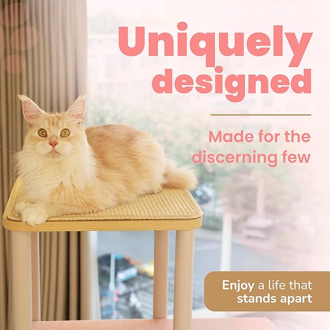 Modern Large Cat Tree, 62" Tall with XL 25.6" Platforms, 60 lbs Heavy Build — Redefining Cat Furniture with Stability, Space & Style for Big Cats (Pink)
