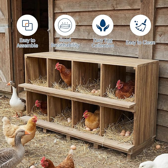 8-Compartment Wooden Chicken Nesting Box with Perches – Durable Egg Organizer for Bird Cages & Coops – Wall or Floor Mount – Prevents Egg Breakage – Ideal for Chickens, Ducks