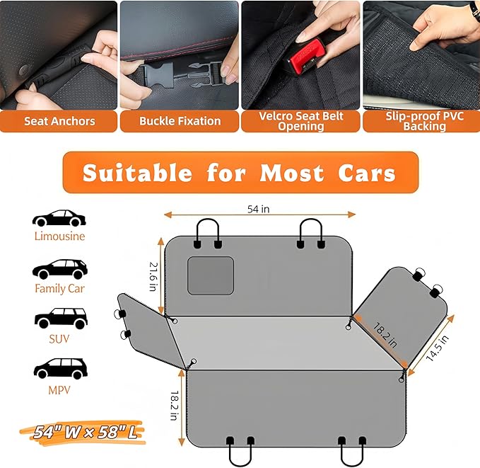 Dog Car Seat Cover for Back Seat,Heavy Duty Dog Hammock for Car with Side Flap,100% Waterproof Pet Backseat Cover, Anti-Scratch Nonslip Pet Seat Protector for Cars Trucks and SUV (Black)