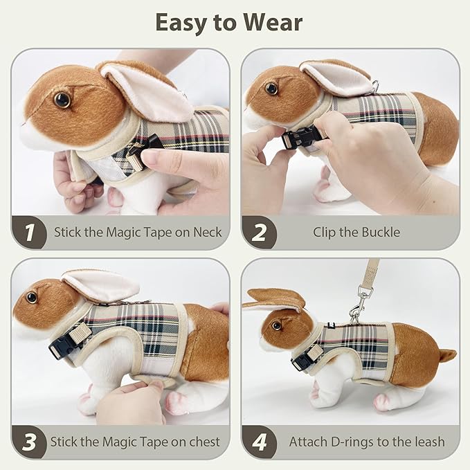 AIITLE Bunny Harness and Leash Set Escape Proof - Magic Tape Design, Lightweight Plaid Pattern Mesh Padding, No Pull No Choke for Puppy Cat Rat Squirrel Ferret, Outdoor Walking Running, Beige S