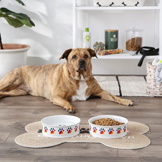 Bone Dry Ceramic Food Bowls, Non-Slip & Dishwasher Safe, Large Set, 7.5x2.4, Rainbow Paw, 2 Count