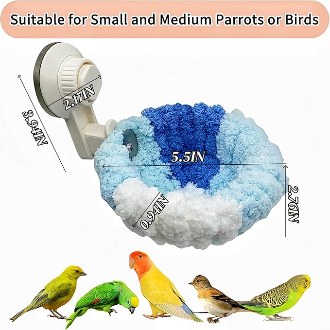 Warm Bird Nest Bed with Suction Cup Bird Snuggle Hut Breeding Bird House Plush Hanging Bird Bed for Parakeet, Conure, Budgie, Cockatiel, Lovebird, Finch, Hamster-Blue