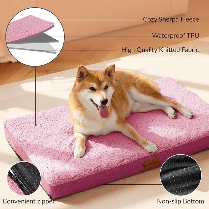 Patas Lague Orthopedic XL Dog Bed Large Sized Dog 42''X28'', Soft Waterproof Egg Crate Foam Large Pet Crate Beds Mat with Removable Washable Cover and Non-Slip Bottom, Pink