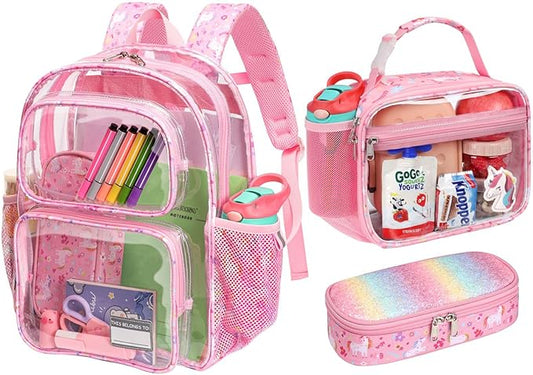 Bagseri 3pcs Clear Backpack for Girls - 15 Inch School Bag Set with Lunch Box and Pencil Case, Heavy Duty Transparent Bookbag for Kindergarten to Grade 2, Pink Unicorn